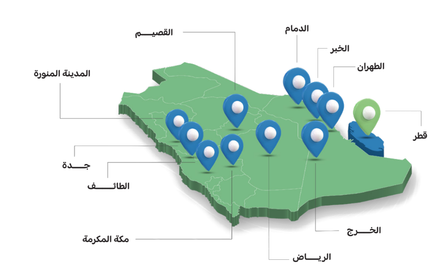 خريطة مناطق الخدمة الموضحة بالمدن والعلامات